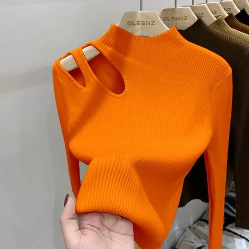 Turtleneck Knitted Sweater With Cut Shoulder