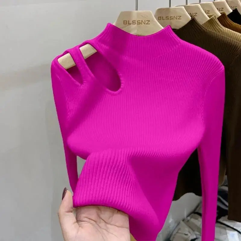 Turtleneck Knitted Sweater With Cut Shoulder