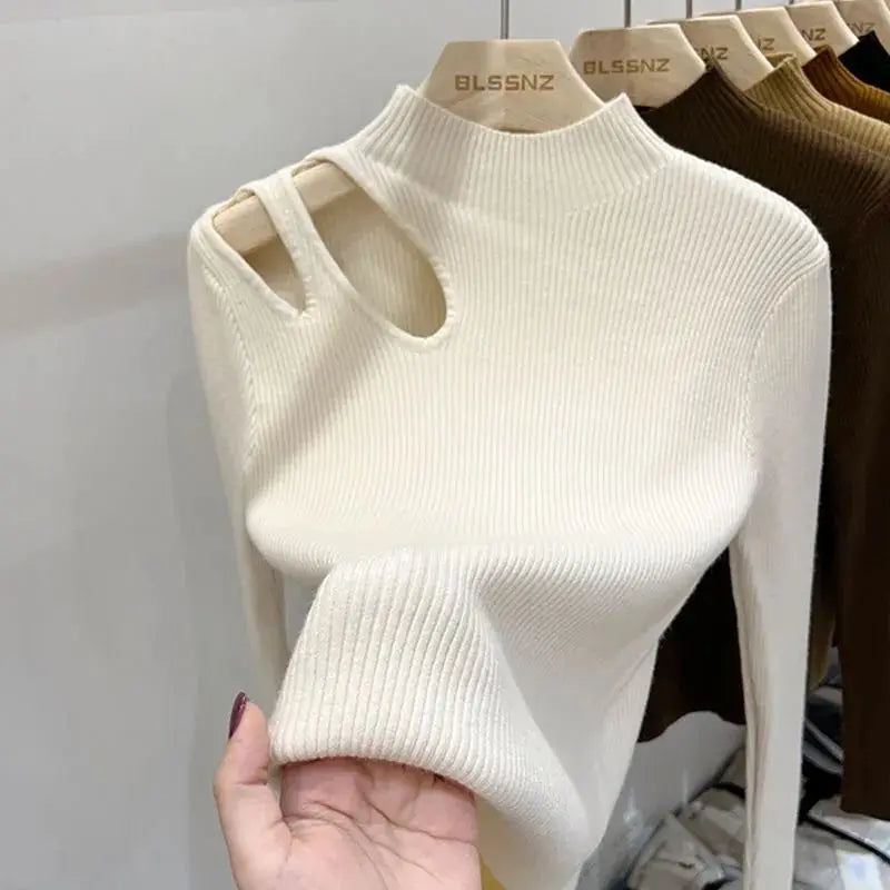 Turtleneck Knitted Sweater With Cut Shoulder