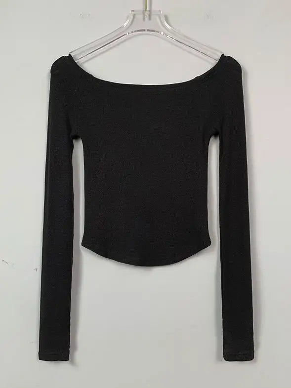 Slash Neck Long Sleeved Cropped Tee Shirt