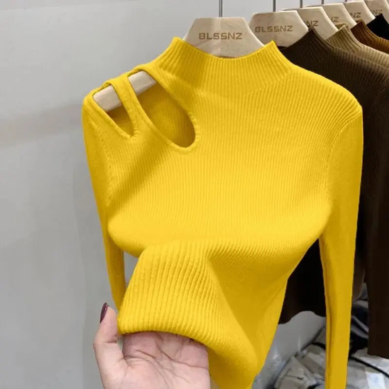 Turtleneck Knitted Sweater With Cut Shoulder