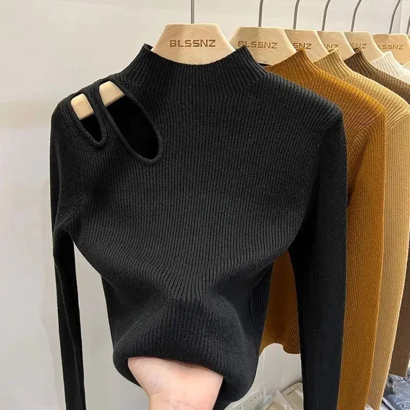 Turtleneck Knitted Sweater With Cut Shoulder