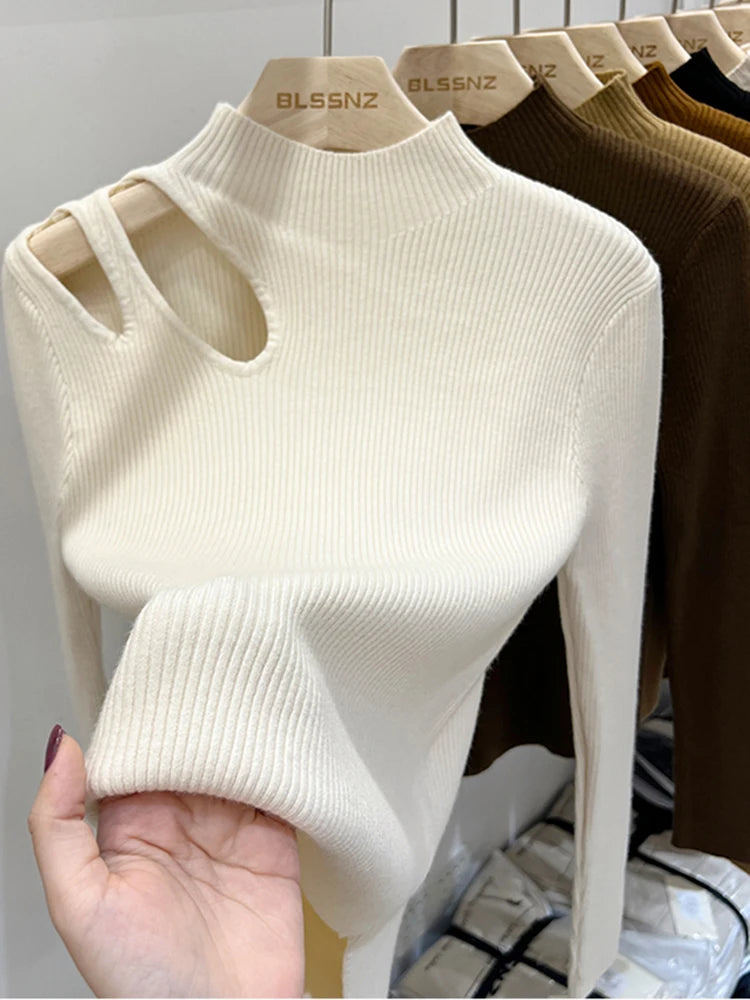 Turtleneck Knitted Sweater With Cut Shoulder